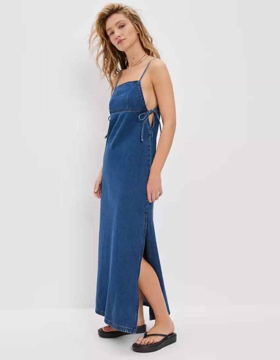 Robe Mi-longue American Eagle AE Denim High Neck Lavage Femme | PGU-36712603